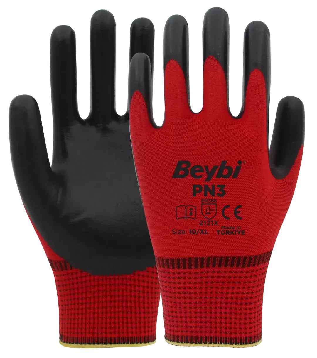 Beybi PN3 Kırmızı Siyah Polyester Örme Nitril Eldiven