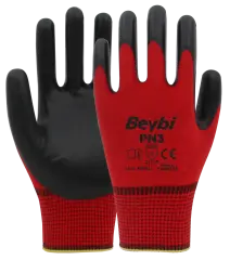 Beybi PN3 Kırmızı Siyah Polyester Örme Nitril Eldiven